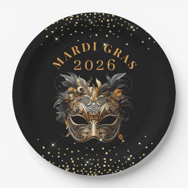 Elegant Black Gold Glitter Mardi Gras 2026 Paper Plates (Front)