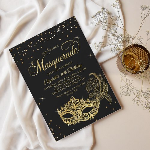 Elegant Black Gold Glitter Masquerade Birthday Invitation