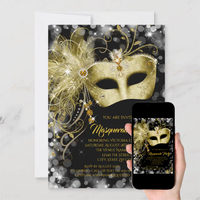 Elegant Black Gold Glitter Masquerade Party Invitation | Zazzle