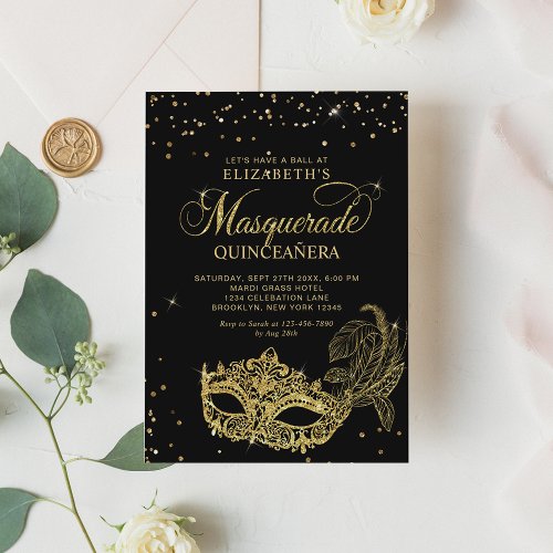 Elegant Black Gold Glitter Masquerade Quinceaera Invitation