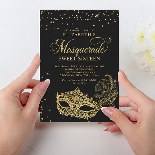 Elegant Black Gold Glitter Masquerade Sweet 16 Invitation