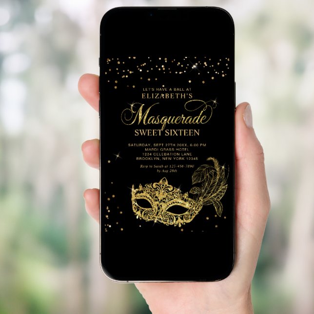 Elegant Black Gold Glitter Masquerade Sweet 16 Invitation (Front Digital)