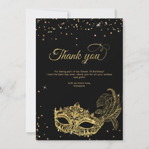 Elegant Black Gold Glitter Masquerade Thank You