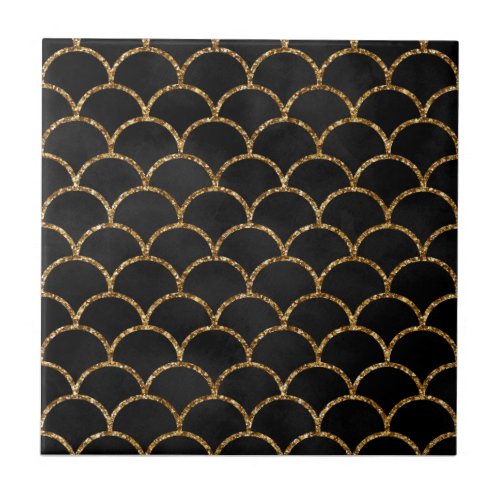 Elegant Black Gold Glitter Mermaid Scale Pattern Ceramic Tile