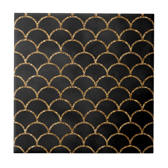 Elegant Black Gold Glitter Mermaid Scale Pattern Ceramic Tile (Front)