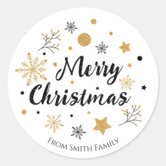 Elegant Black Gold Glitter Merry Christmas Holiday Classic Round Sticker