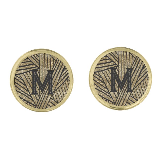 Elegant black gold glitter monogram Cufflinks (Front)