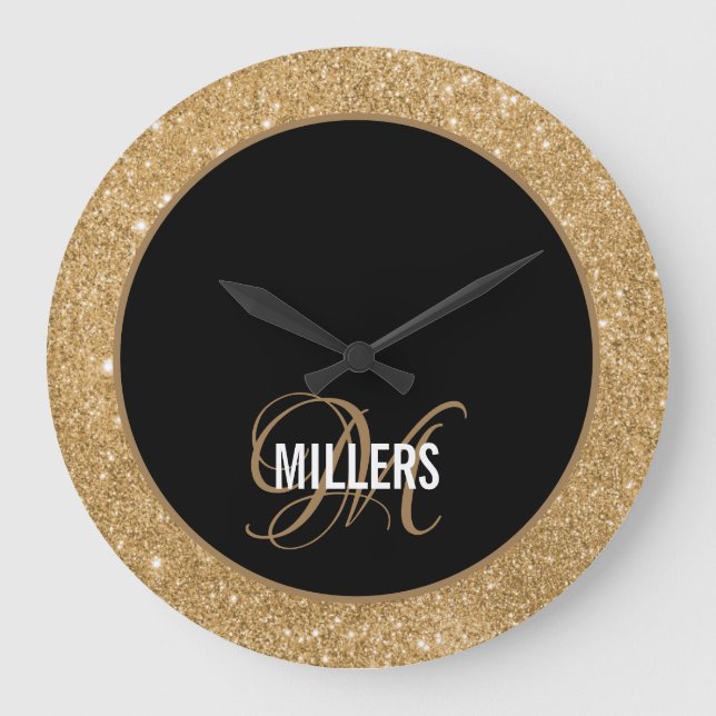 Elegant black gold glitter monogram family name large clock (Front)