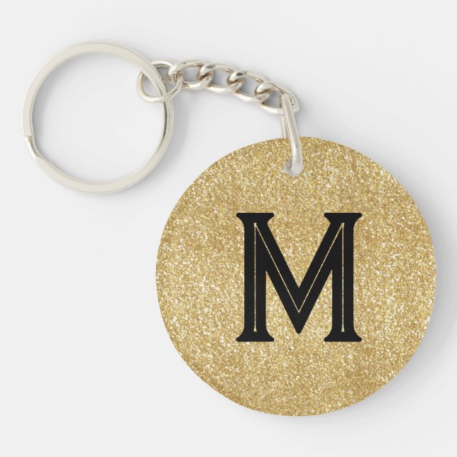 Elegant black gold glitter monogram keychain (Front)