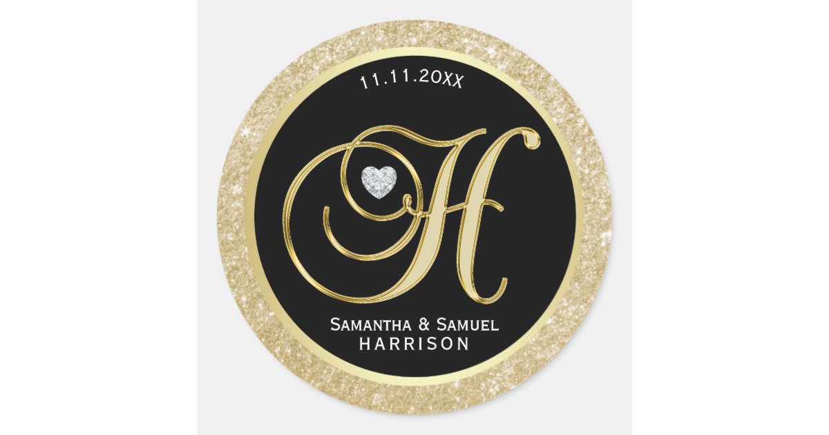 elegant black gold glitter monogram letter h classic round sticker