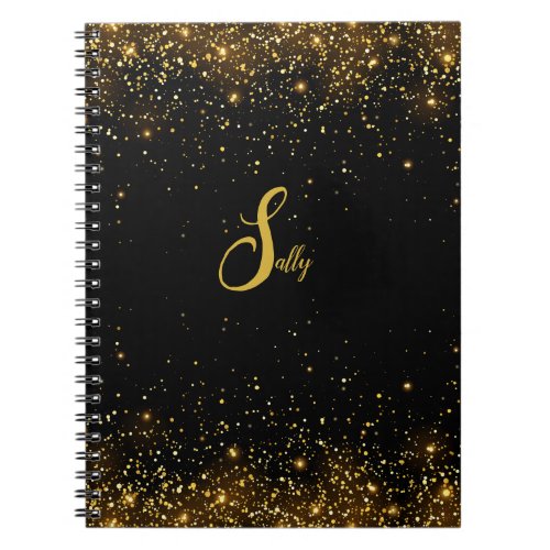 Elegant Black  Gold Glitter Monogram Script Name  Notebook