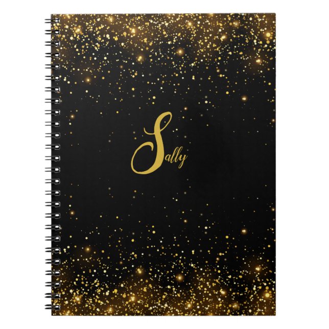 Elegant Black & Gold Glitter Monogram Script Name  Notebook (Front)