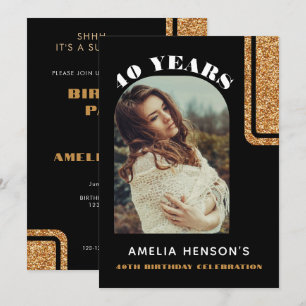 Elegant Black Gold Glitter Photo 40th Birthday Invitation