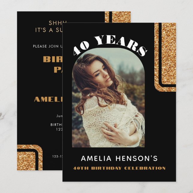 Elegant Black Gold Glitter Photo 40th Birthday Invitation (Front/Back)