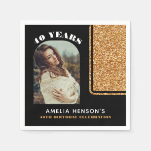 Elegant Black Gold Glitter Photo 40th Birthday Napkins