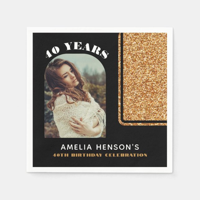 Elegant Black Gold Glitter Photo 40th Birthday  Napkins (Front)