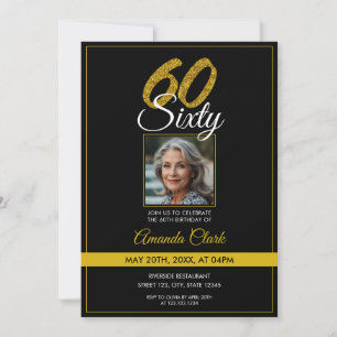 Elegant Black & Gold Glitter Photo 60th Birthday Invitation