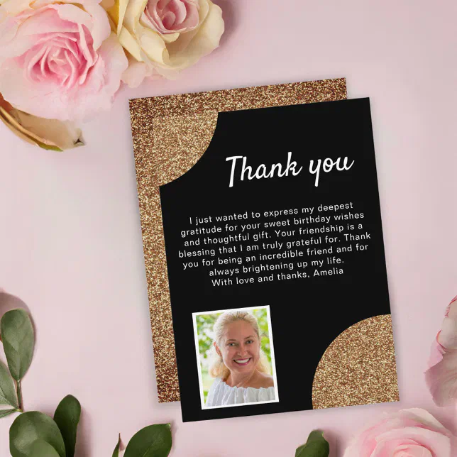 Elegant Black Gold Glitter Photo Birthday Thank You Card | Zazzle