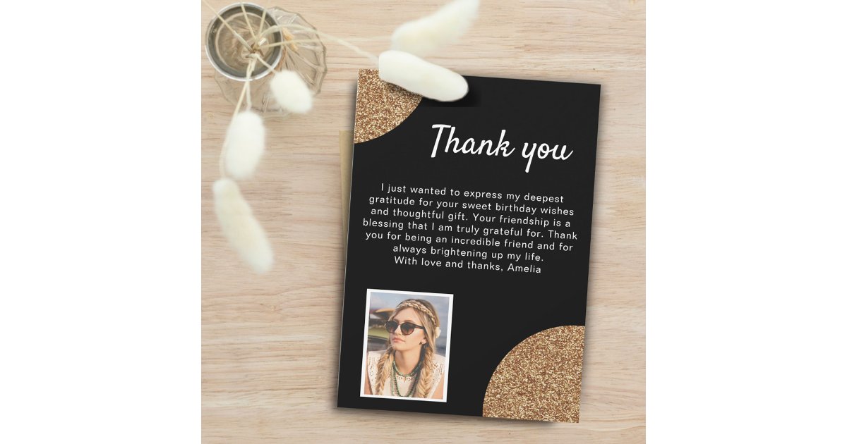 Elegant Black Gold Glitter Photo Birthday Thank You Card | Zazzle