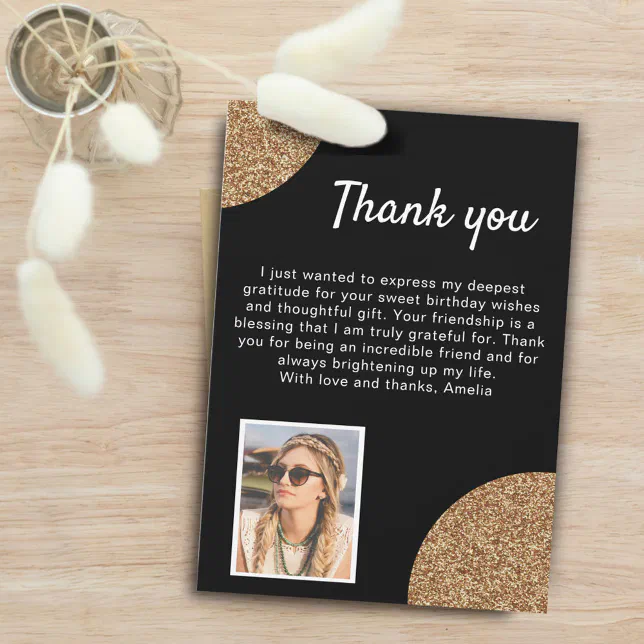 Elegant Black Gold Glitter Photo Birthday Thank You Card | Zazzle