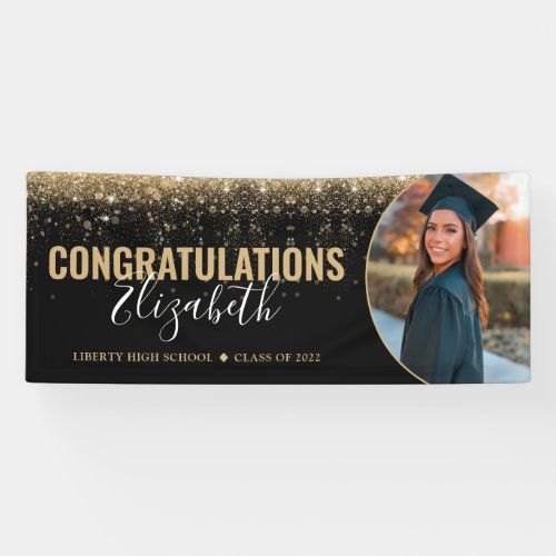 Elegant Black Gold Glitter Photo Graduation Banner