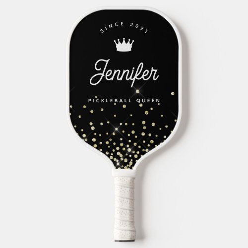 Elegant Black & Gold Glitter Pickleball Queen Paddle