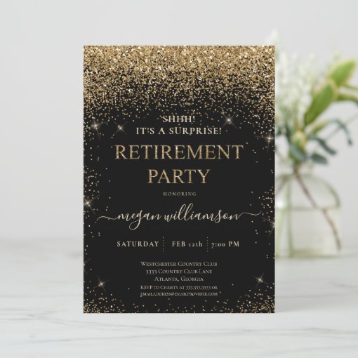 Elegant Black Gold Glitter Retirement Party Invitation | Zazzle