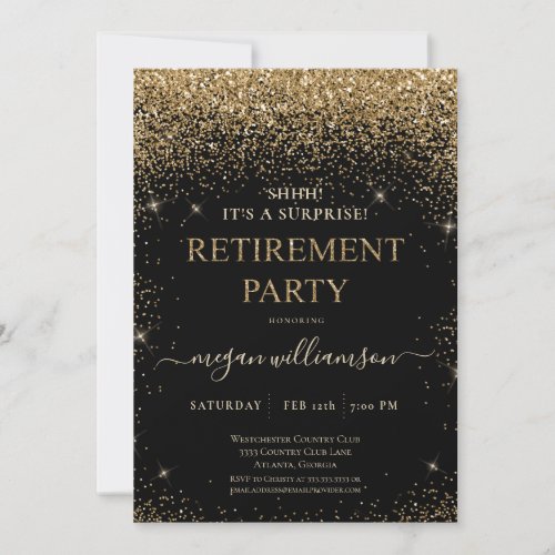 Elegant Black Gold Glitter Retirement Party Invitation