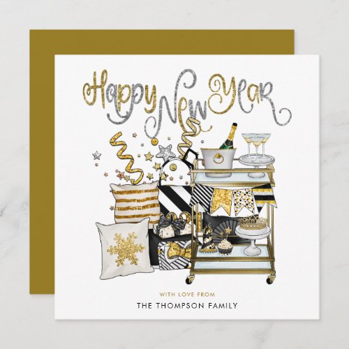 Elegant Black Gold Glitter Script Happy New Year Holiday Card