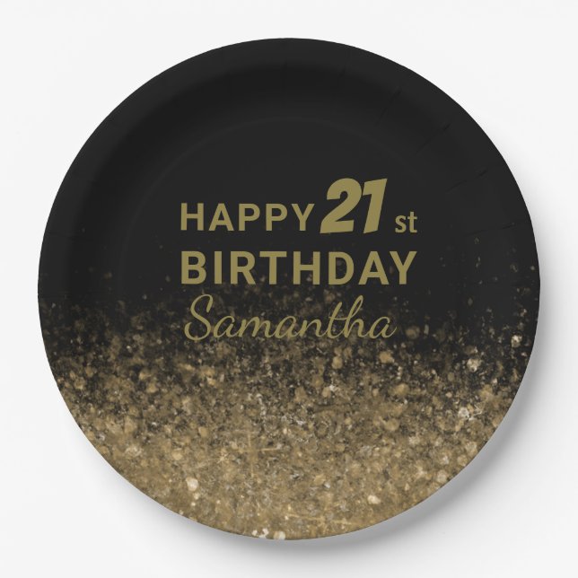Elegant Black & Gold Glitter Sparkle Birthday Pape Paper Plates (Front)