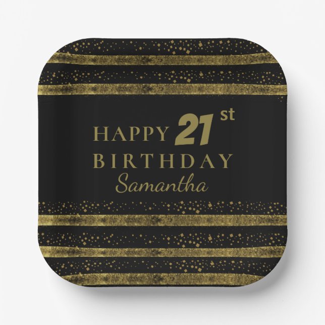 Elegant Black & Gold Glitter Sparkle Birthday Paper Plates (Front)