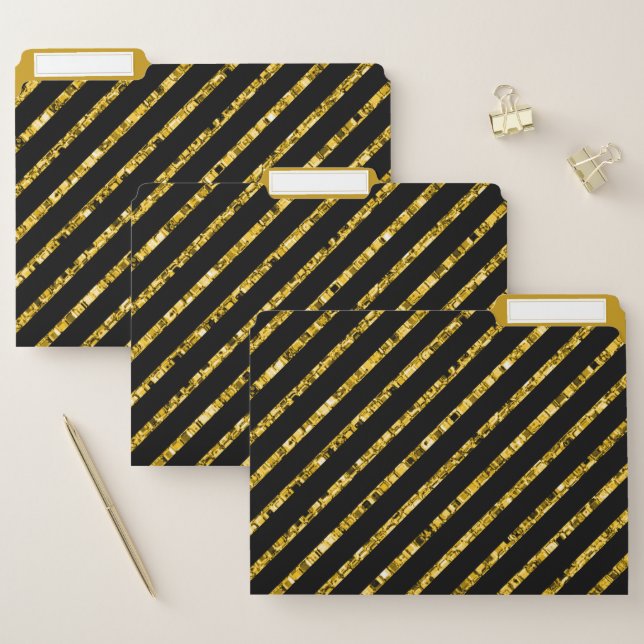 Elegant Black Gold Glitter Sparkle Glam Stripes  File Folder (Set)