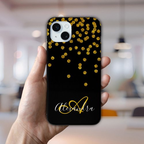 Elegant Black Gold Glitter Sparkles Monogram Name  iPhone 15 Plus Case