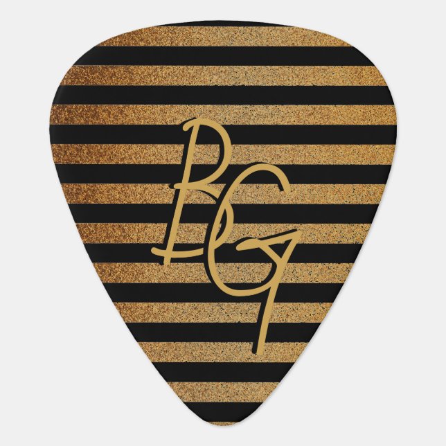 Elegant Black Gold Glitter Stripe Monogram Custom Guitar Pick (Front)
