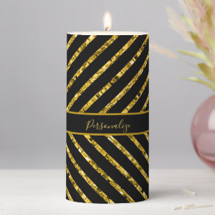 Elegant Black Gold Glitter Stripe Pattern Luxury Pillar Candle