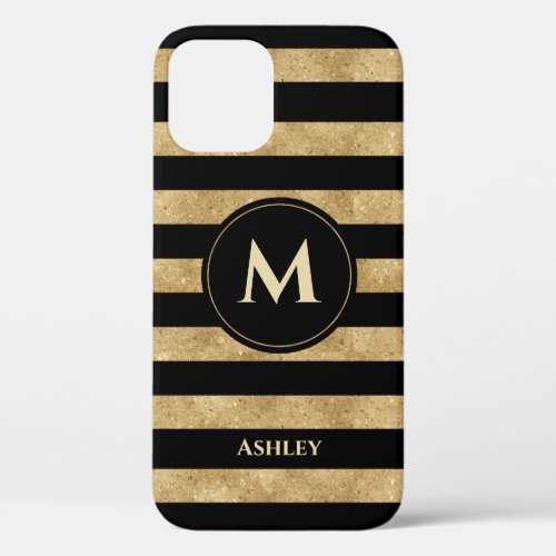 Elegant Black Gold Glitter Striped Monogram iPhone 12 Case