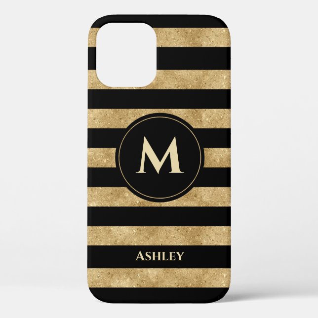 Elegant Black Gold Glitter Striped Monogram Case-Mate iPhone Case (Back)