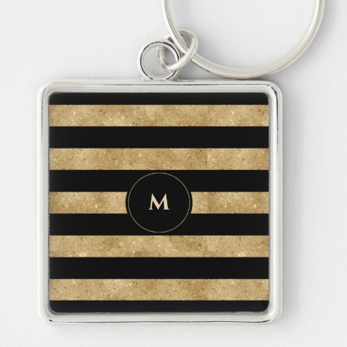 Elegant Black Gold Glitter Striped Monogram  Keychain
