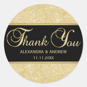 Elegant Black Gold Glitter Thank You Classic Round Sticker