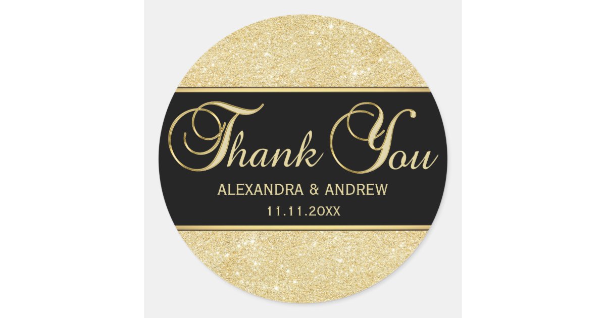 Elegant Black Gold Glitter Thank You Classic Round Sticker | Zazzle