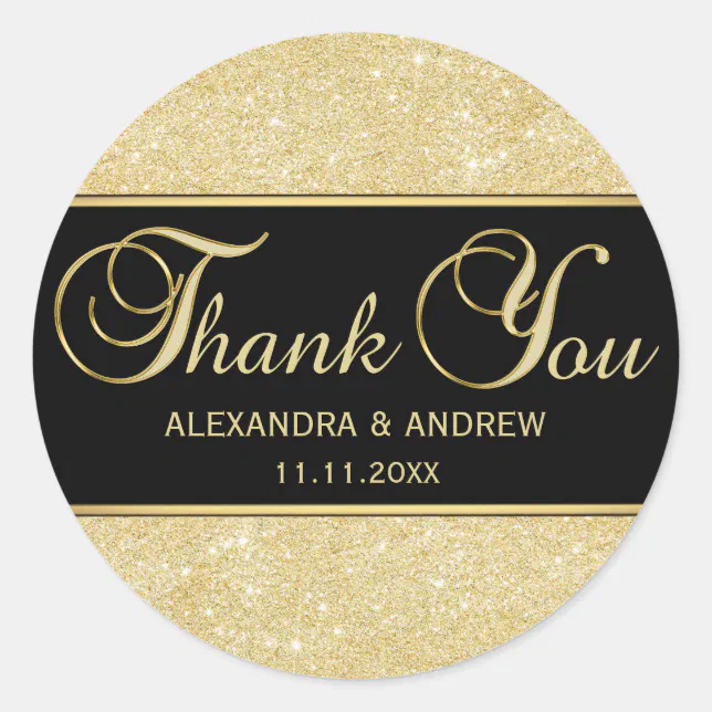 Elegant Black Gold Glitter Thank You Classic Round Sticker | Zazzle
