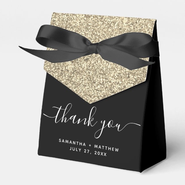 Elegant Black Gold Glitter Thank You Wedding Favor Boxes (Front Side)
