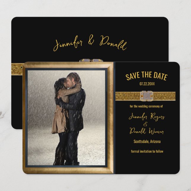 Elegant Black Gold Glitter Wedding  Save The Date (Front/Back)