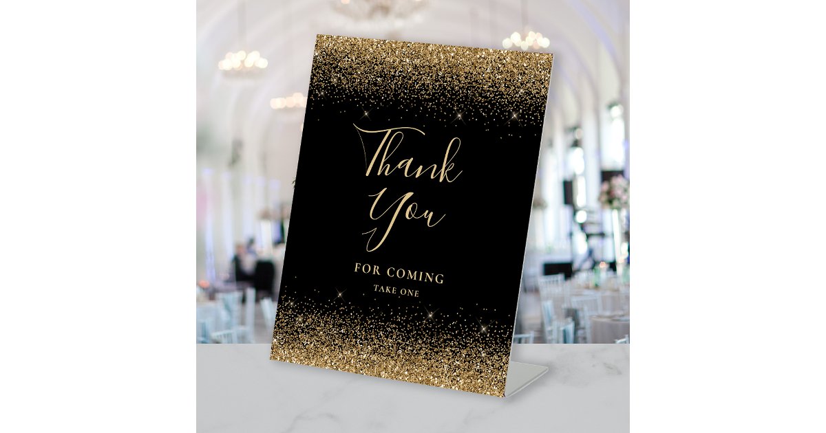 Elegant Black Gold Glitter Wedding Thank You Pedestal Sign | Zazzle