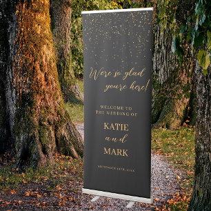 Elegant Black Gold Glitter Wedding Welcome Retractable Banner