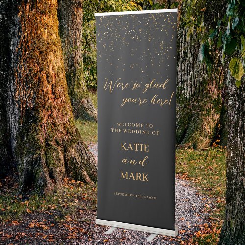 Elegant Black Gold Glitter Wedding Welcome  Retractable Banner