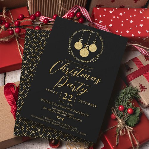 Elegant Black Gold Glitter Wreath Christmas Party Invitation