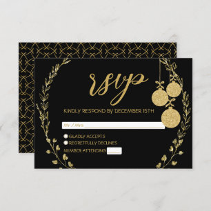 Elegant Black Gold Glitter Wreath Christmas Party RSVP Card