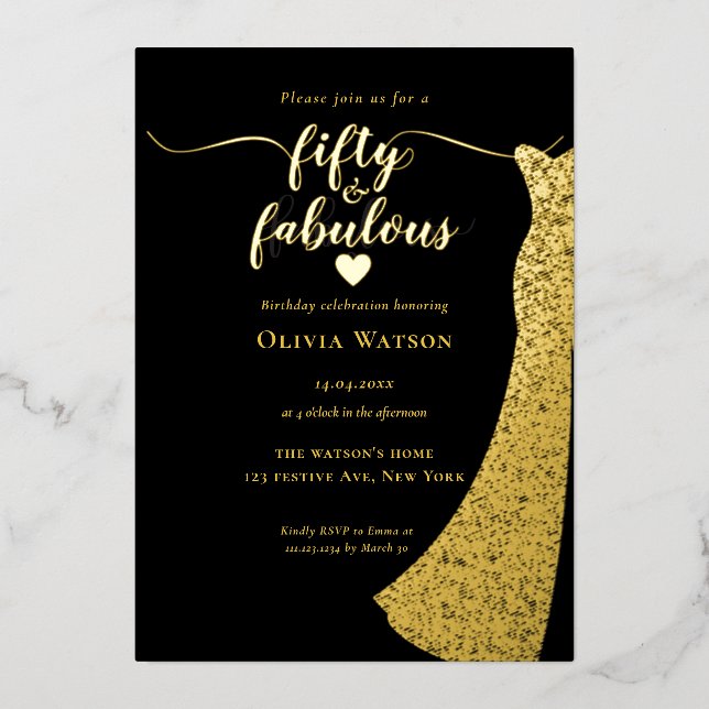 Elegant Black Gold Gown 50 and fabulous birthday Foil Invitation (Front)