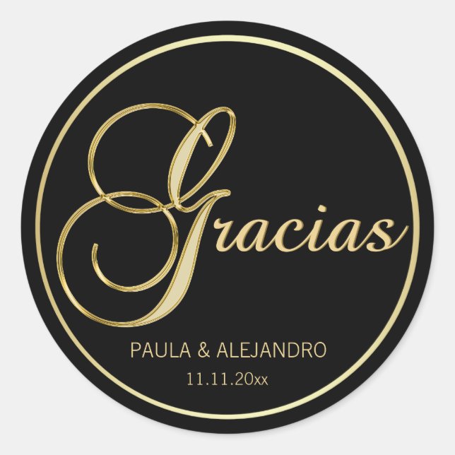 Elegant Black Gold GRACIAS Wedding Envelope Classic Round Sticker (Front)